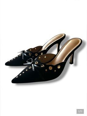 Black Suede Pointed-Toe Mule Heels with Gold Eyelet & Leather Detail